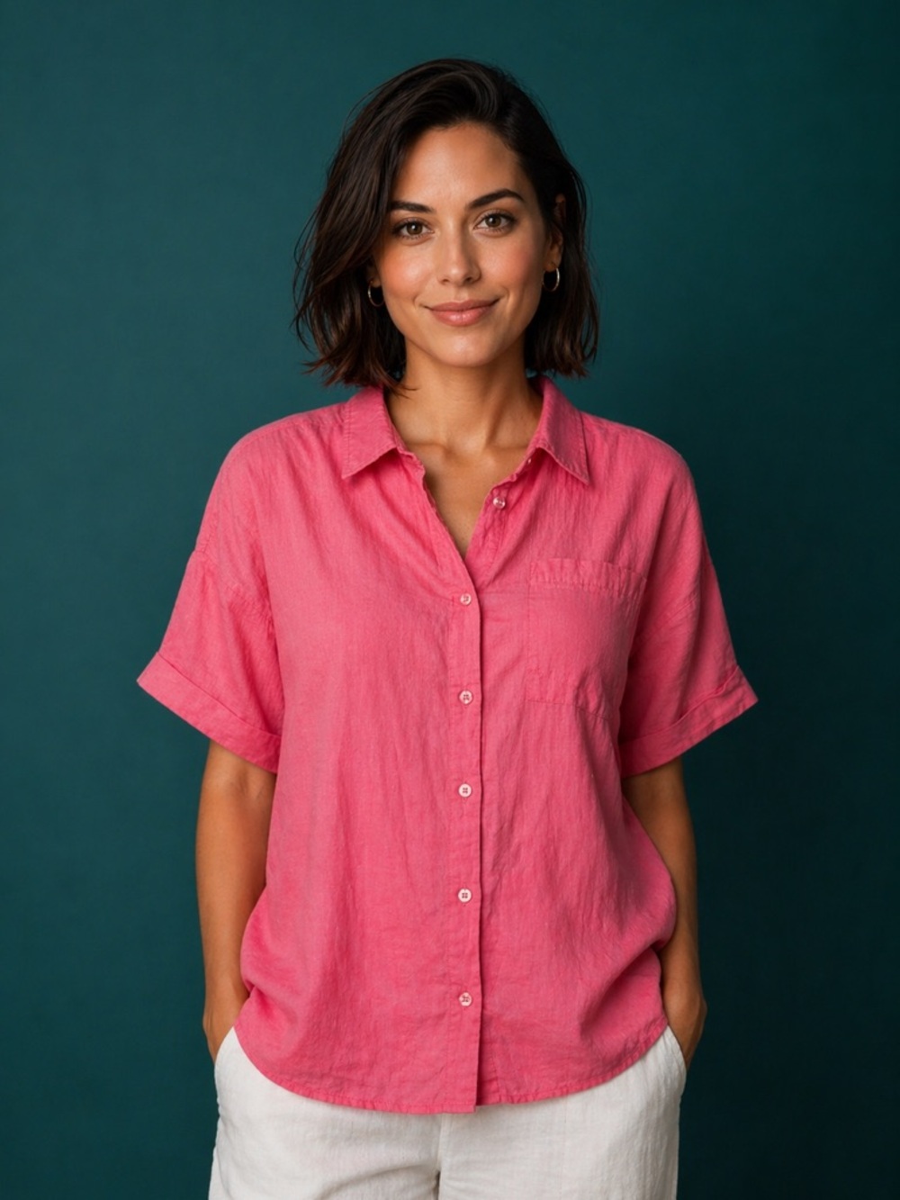 Pink Relaxed Button-Down Short Sleeve Shirt